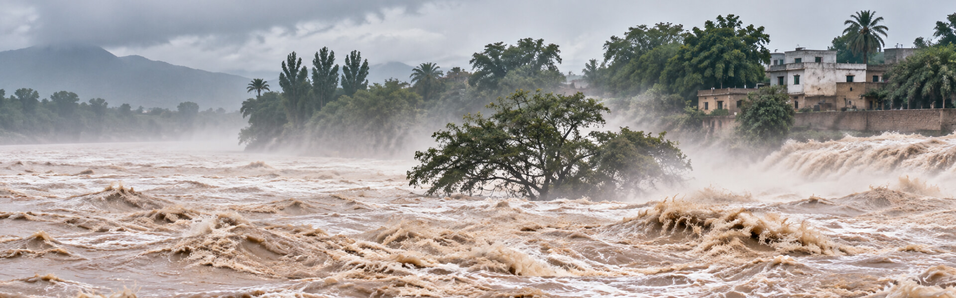 Rising floodwaters during heavy rainfall