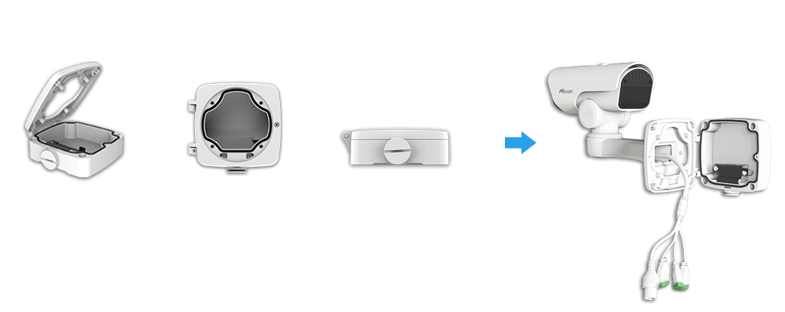 The clamshell-designed Junction Box of Milesight H.265+ Mini PoE PTZ Bullet Network Camera