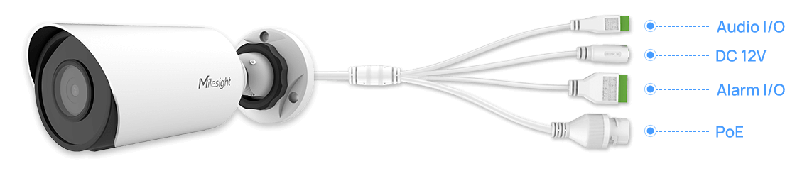 Milesight MS-C5363-PE：ホワイトカラーの洗練されたミニバレット型ネットワークカメラ。直射日光を遮り熱を逃がすユニークなサンシールドデザインを採用。IP67規格の防塵防水性能を備え、屋外の過酷な環境にも対応。最大50mの強力な赤外線LEDと、設置後の柔軟な調整を可能にする3軸調整機構を搭載しています。